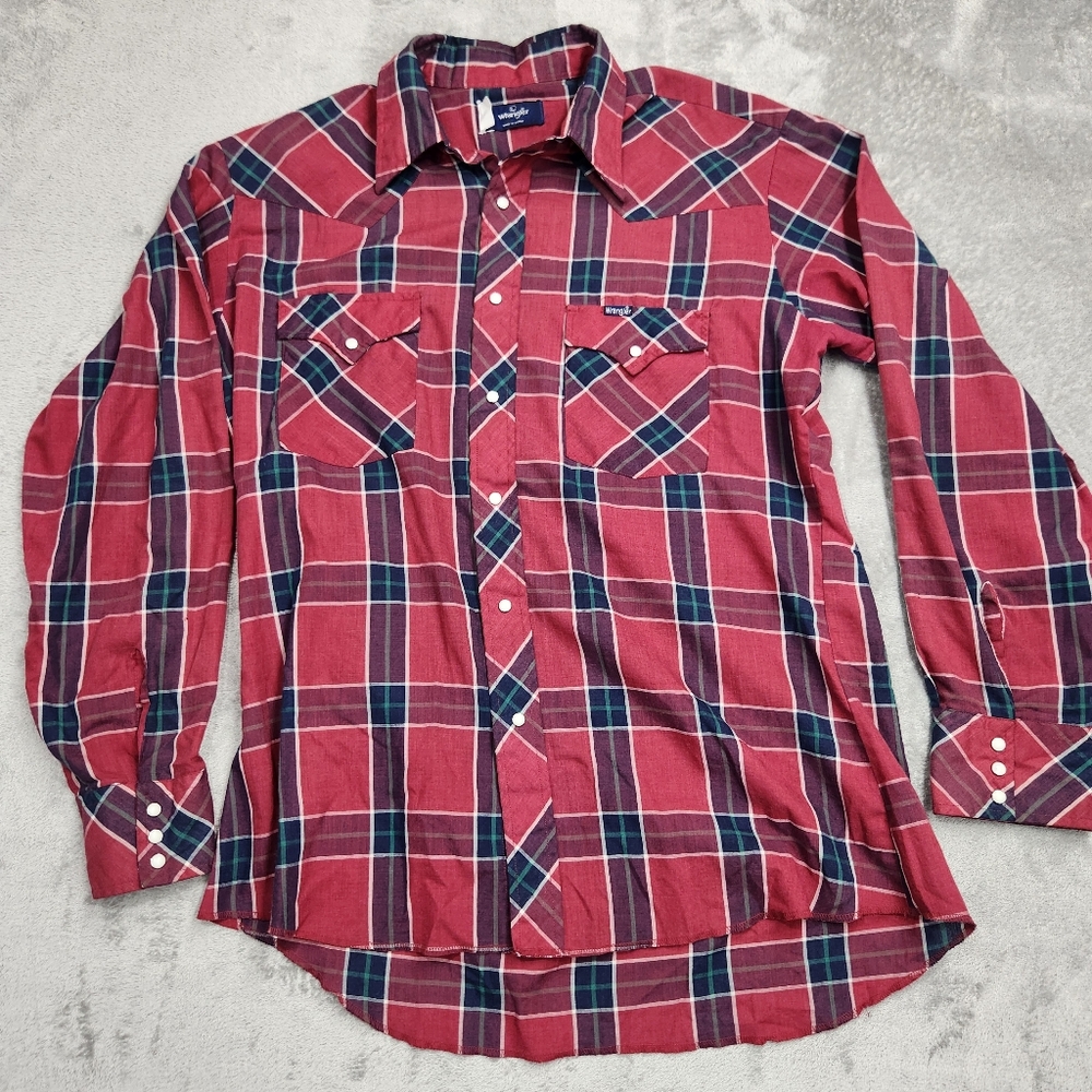 Vintage Wrangler Shirt Pearl Snap mens Western Buffalo plaid 80s. Size large